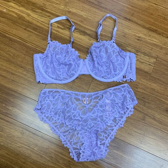 Savage X Fenty Other - Savage X Fenty Not Sorry Unlined Lace Balconette Bra and Panty Lavender 38DD & L